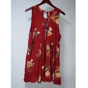 Free People Red Floral Sleeveless Boho Tunic Dress Rayon Size Large